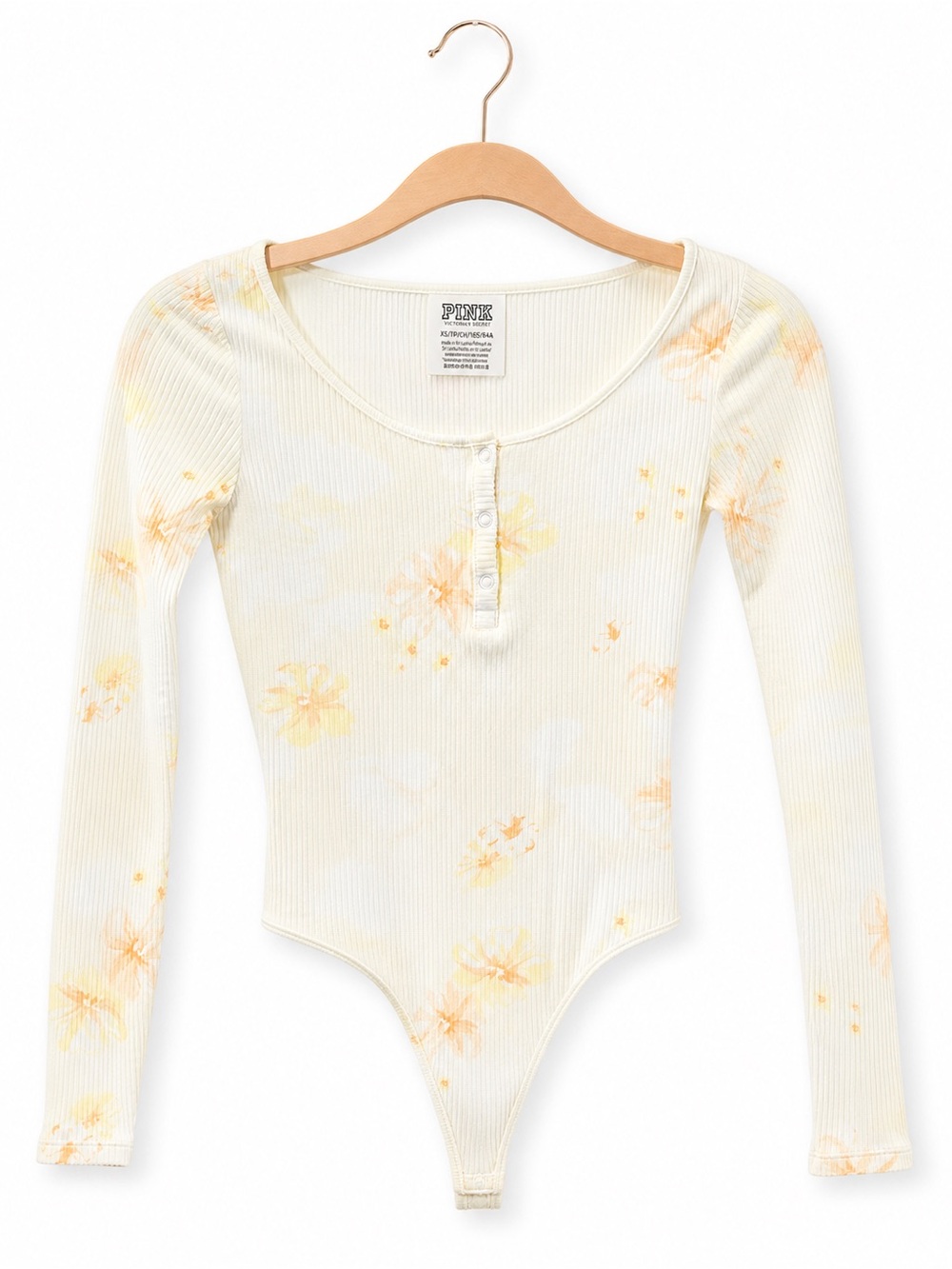 PINK Victoria’s Secret Floral Ribbed Bodysuit XS | Long Sleeve Henley